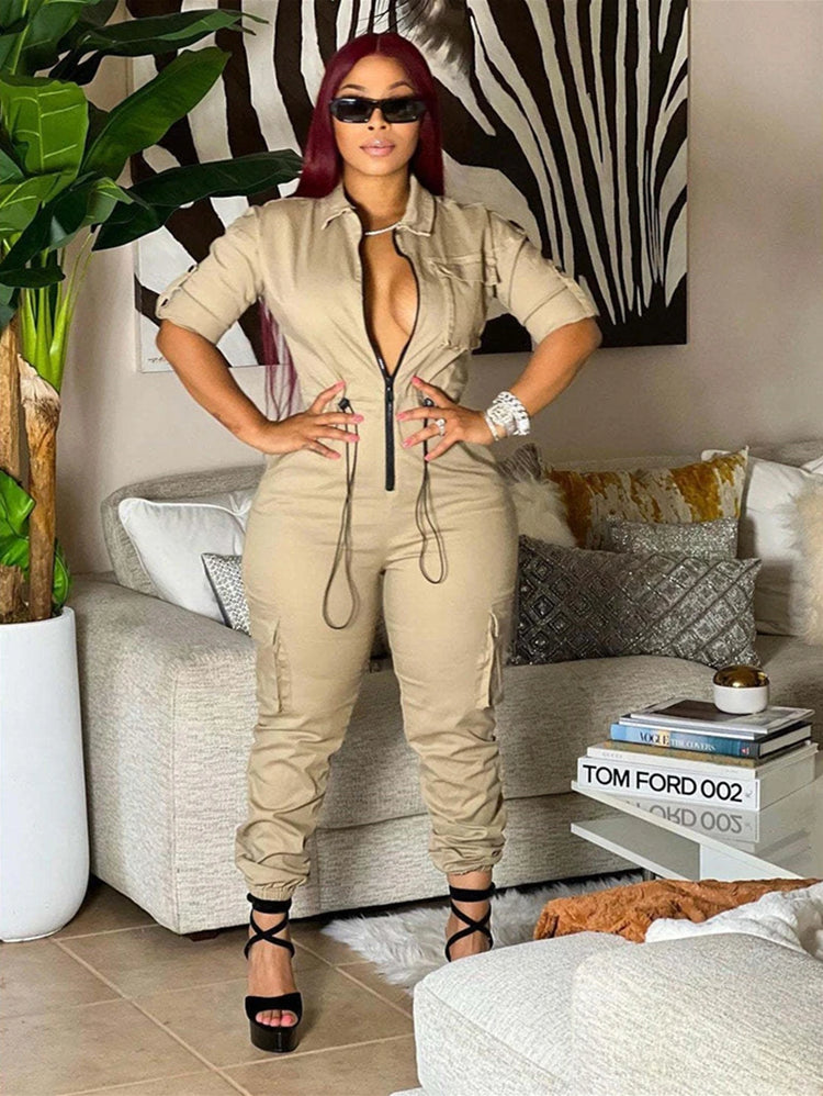 Fashion Cargo Jumpsuits Autumn Clothing Women 2026 Full Sleeve Zip Up Pockets Long Rompers Playsuits One Pieces Overalls Outfits