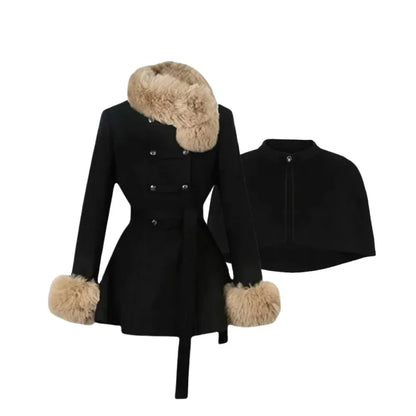 Winter French Vintage Elegant Wool Coat Woman Black Chic Shawl Cloak + Retro Loose Trench Overcoat Female Bandage Design Outfits