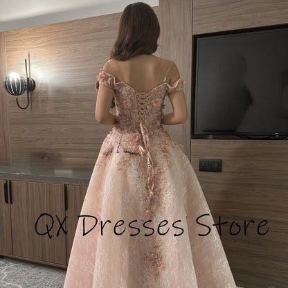 Customized Appliques Draped Tulle Evening Dress Off the Shoulder Sleeveless Luxury Party Dress Backless A-line FLoor Length Gown