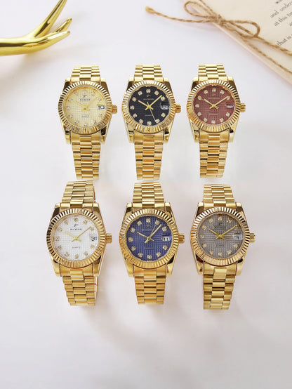 Business Diamond Inlaid Quartz Watch with Calendar Display, Metal Strap, Three-Dimensional Texture Dial, Wear-Resistant Design