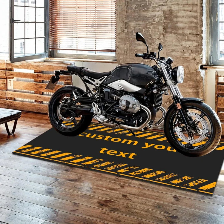 VIKAMA Motorcycle Garage Floor Mat, Warning Stripe Oil-Resistant Workshop Rug, Personalized Biker Decor Carpet