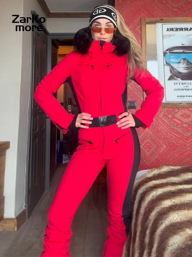 Fashion Hooded One-Piece Ski Jumpsuit Women Stand Collar Zipper High Waist Solid Windproof Outwear 2026 Winter Lady Skiwears New