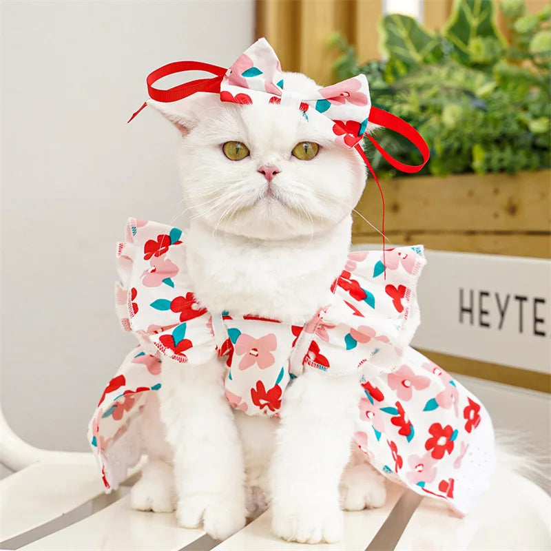 Summer Floral Dog Dress Luxury Pet Vest Puppy Skirt Girls Dog Clothes Chihuahua Clothing Bichon Dog Clothing with Bow Headwear