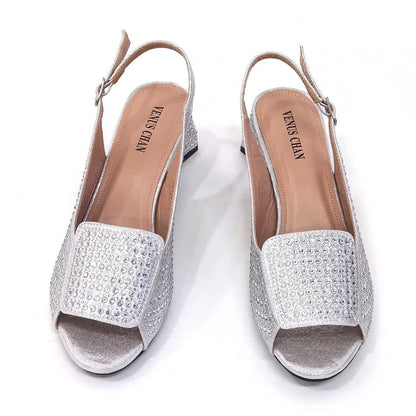 High Heels Shoes for Women Embroidery Rhinestone Italian Design Blue Color Pointed Toe Shoes and Bags Set Fashion