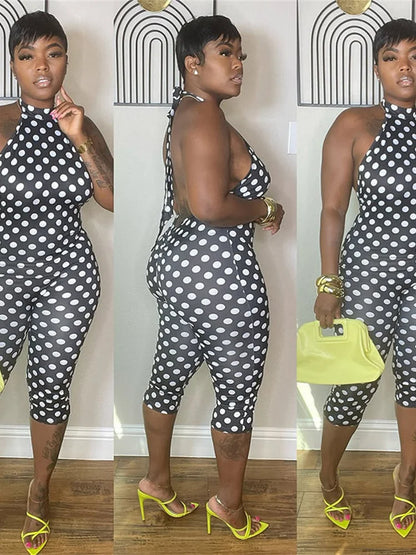Kliou Sexy Backless Playsuits Woman Polka Dot Print Bandage Halter Off Shoulder Skinny Peach Buttocks High Street Style Rompers