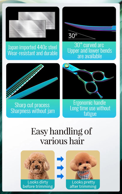 Fenice JP440C 7/7.5 Inch Professional Pet Dogs Grooming Scissors Kits Straight Curved Thinnier Chunker Shears Set For Dogs