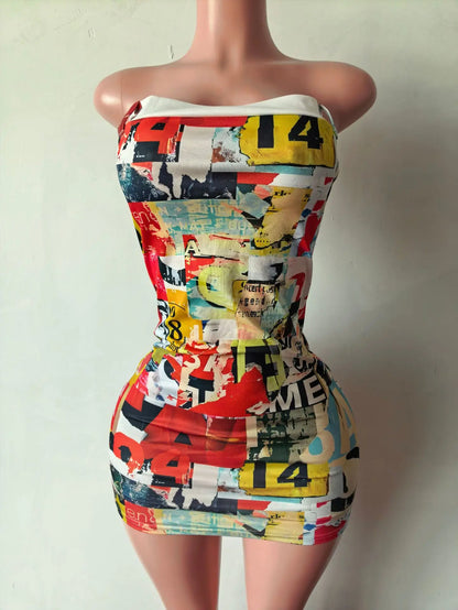 STYLISH LADY Trendy Letter Print Mini Dress 2026 Women Strapless Bodycon Casual Vacation Party Street Style Outfit