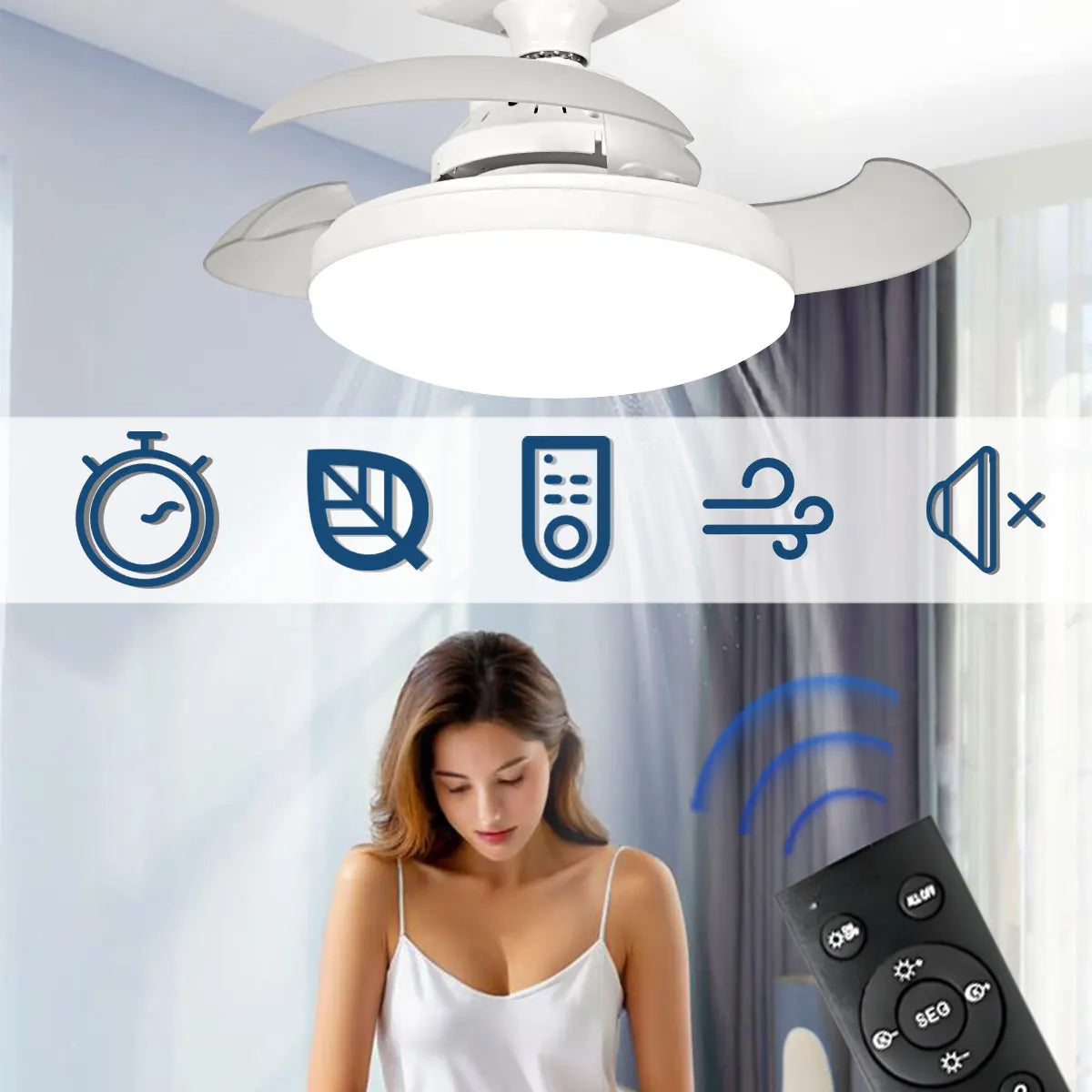 Three-Color Dimming LED E27 Ceiling Fan Lights with Remote Control Silent Dimmable Invisible Fan Light for Living Room Bedroom