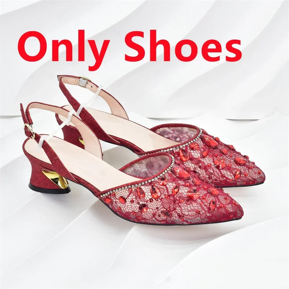 New Arrival African Wedding Shoes and Bag Set with Rhinestone Italian Design Shoes with Matching Bags Nigerian Lady Party Pumps