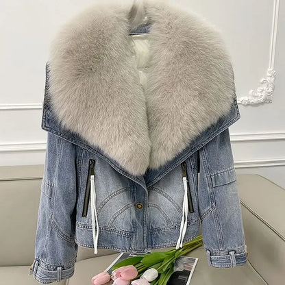 Winter Thickened Short Denim Jacket Fashion  Parkas Jeans Jacket Luxury Fur Coat Removable Fur Collar Cotton Jacket New