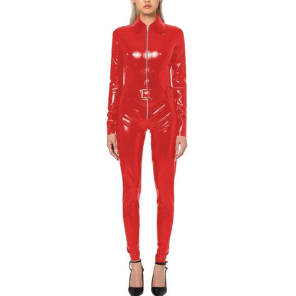 Plus Size Faux Latex Catsuit Elastic PVC Leather Zipper Long Sleeve Jumpsuit Tight Sexy Cosplay Rompers Ankle-length Club Zentai