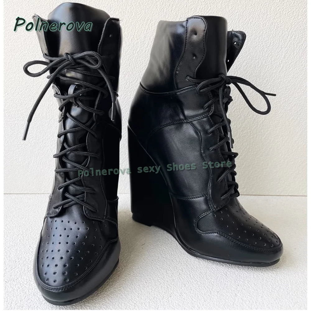 Cross Tied Wedge Mid-Calf Boots Pointed Toe Height Increase Patchwork Plus Size 36-47 Women Ankle Boots 2025 Casual Shoes Trend