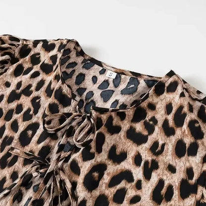 MUJER Leopard Print Crop Top Women Puff Sleeve Ruffle Blouses Woman 2025 Summer Shirts and Blouses for Women Ruched Ladies Tops