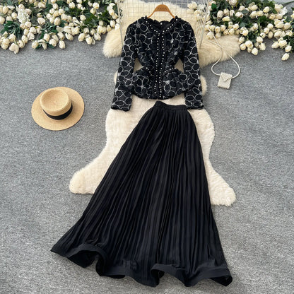 lace beaded embroidery  Elegant Two Pieces Sets Chic Blouse Top with Sweet High Waist  A-line Skirt Vacation Fall Sets