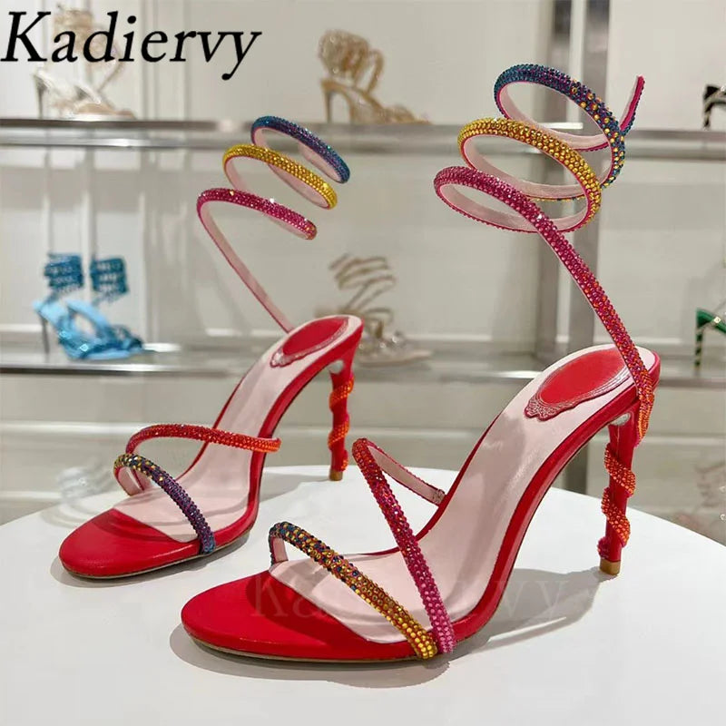 Luxury High Heels Sandals Woman Rhinestone Snake Twine Around Ankle Strap Wedding Shoes Stiletto Summer Gladiator Sandals Women