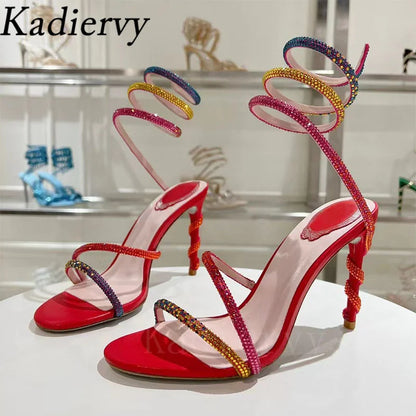 Luxury High Heels Sandals Woman Rhinestone Snake Twine Around Ankle Strap Wedding Shoes Stiletto Summer Gladiator Sandals Women
