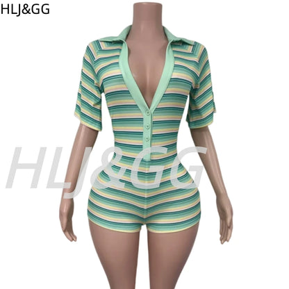 HLJ&GG Green Sexy Deep V Stripe Ribber Bodycon One Piece Rompers Women Short Sleeve Slim Jumpsuits Fashion Party Club Overalls