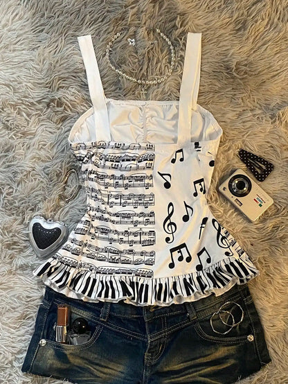 Y2K Music Note Print Cami Top Women White Ruched Bust Bow Piano Key Ruffle Hem Slim Fit Sleeveless Summer Streetwear Tank Top
