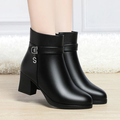 High-Heeled Leather Shoes Spring Single Shoes Thick Heel Thick Sole Slip-On Women's Shoes Square Toe Middle-Aged Mother's Shoes