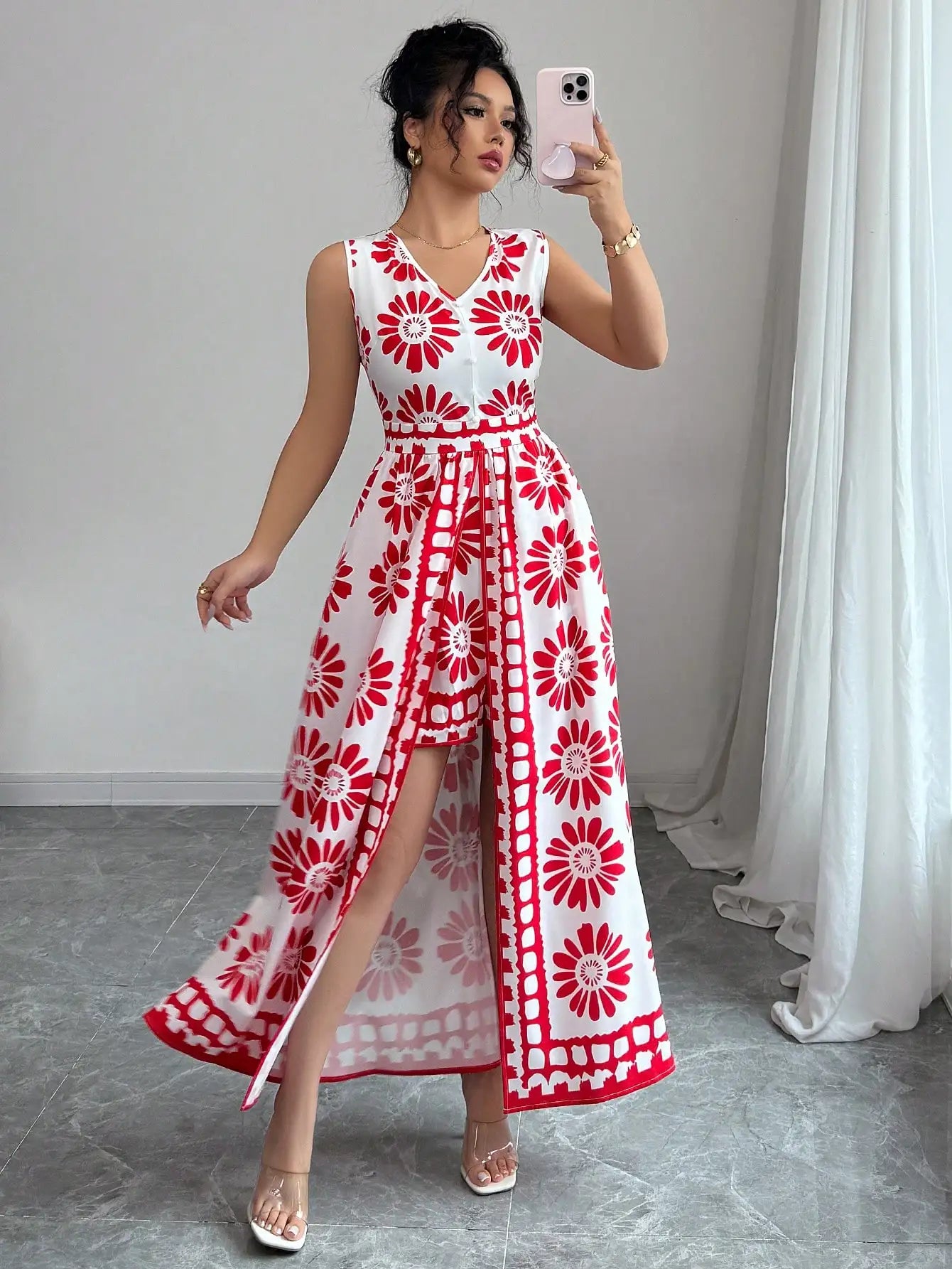 Women's Spring and Summer Beach Vacation Style Casual and Elegant Contrasting Color All-Over Retro Print Sleeveless Jumpsuit