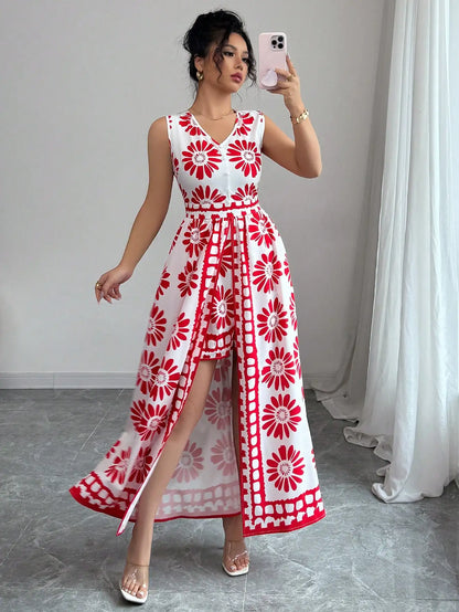 Women's Spring and Summer Beach Vacation Style Casual and Elegant Contrasting Color All-Over Retro Print Sleeveless Jumpsuit
