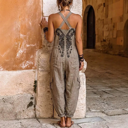 Women Boho Printed Halter Jumpsuit Sleeveless Drawstring Waist Multi Pocket Cargo Loose Summer Casual Outfits Women's Jumpsuit