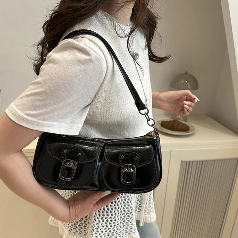 Fashion Pu Leather Women's Shoulder Bag Small Double Pocket Design Ladies Underarm Bags Y2k Vintage Female Handbags Clutch Purse