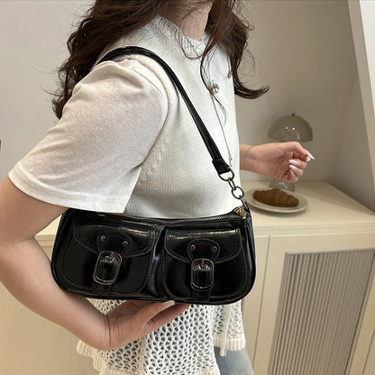 Fashion Pu Leather Women's Shoulder Bag Small Double Pocket Design Ladies Underarm Bags Y2k Vintage Female Handbags Clutch Purse