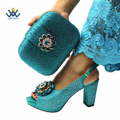 New Design Peep Toe African Spring Autumn Lady Shoes and Bag Set in Gold Color Women Sandal in Wedding