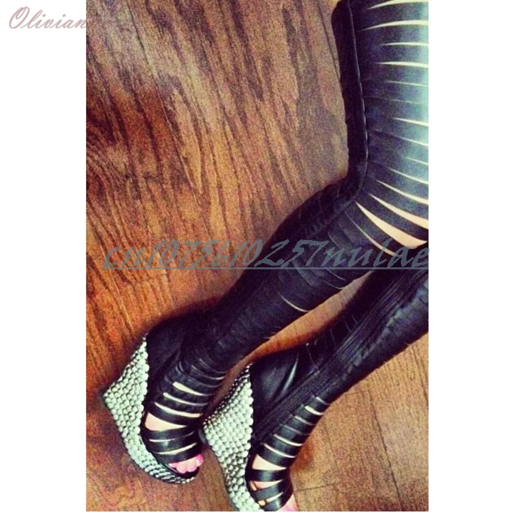 Metal Round Rivets Wedges High Heel Over the Knee Boots Black Hollow Belts Open Toe Sexy 2025 Summer New Women Shoes Para Mujere