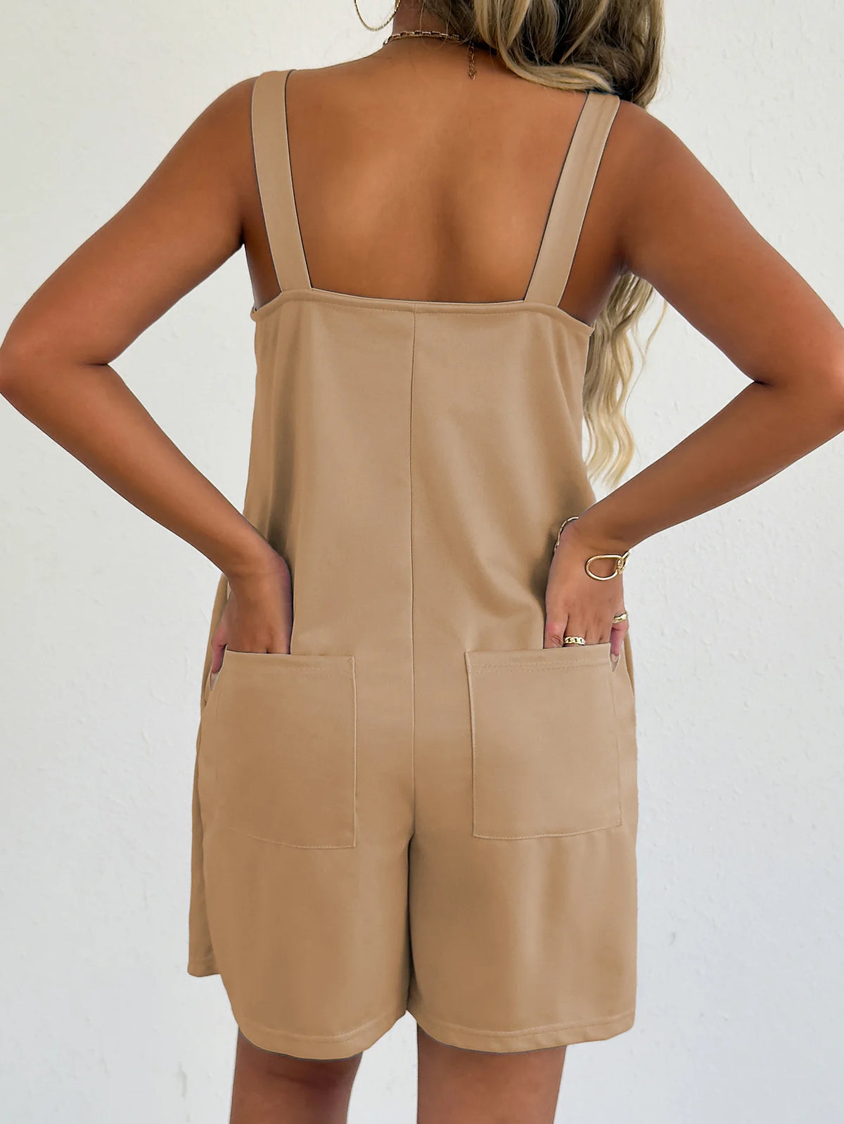Women Sleeveless Strap Short Romper Heart Neck Pleated Wide Leg Jumpsuit With Pockets Loose Summer Casual Beach Vacation Outfit
