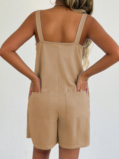 Women Sleeveless Strap Short Romper Heart Neck Pleated Wide Leg Jumpsuit With Pockets Loose Summer Casual Beach Vacation Outfit