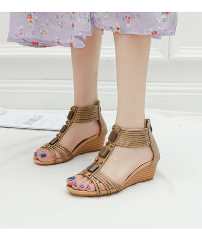 High quality leather flat sandals for women 5cm mid heel with beading summer 2026 36 42 open toe casual vintage shoe black beige