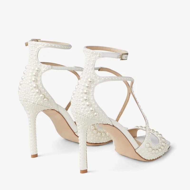 2025 Summer New Luxury White Pearls Decorated Women's Sandals Ankle Straps High Heels Square Toe Party Wedding Sexy Femme Shoes