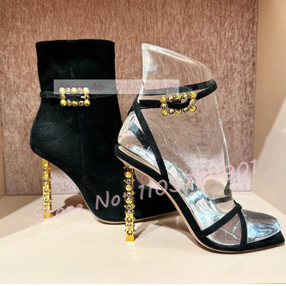 Metal Heels With Rivets Sandals Women Belt Buckle Square Toe Ankle Strap Stiletto Shoes Lady Sexy Luxury Party Elegant Sandals