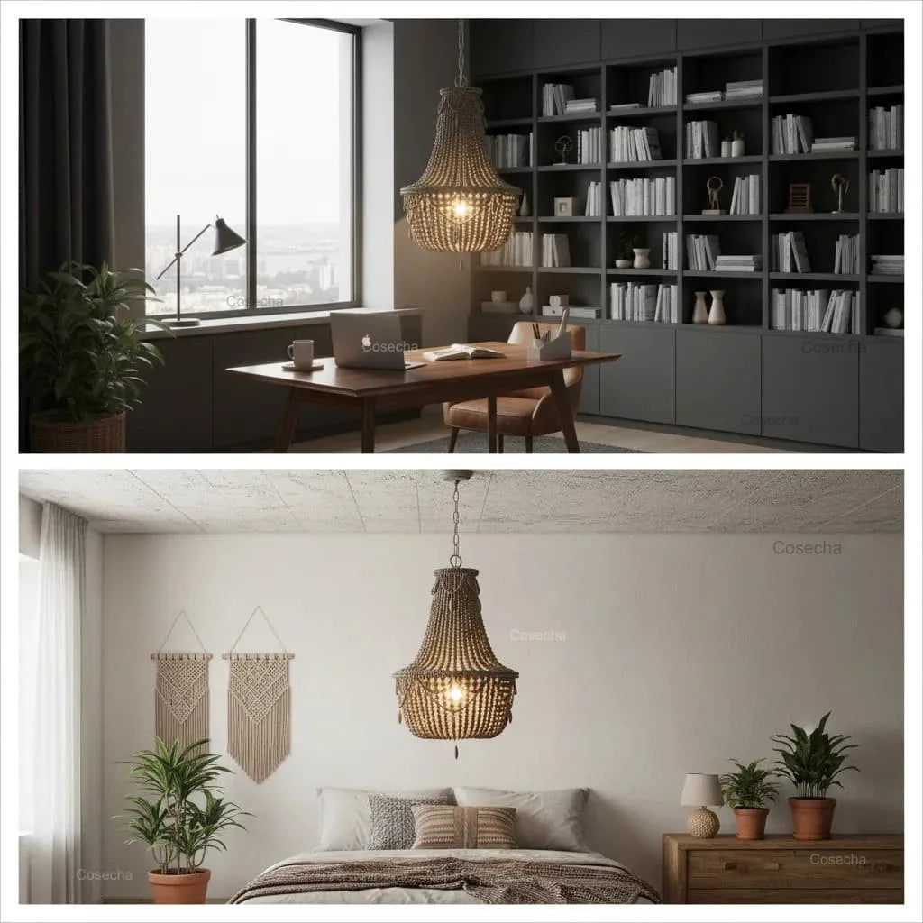 Black French Country Chandelier Large Hanging Lights Dia60 H65cm Living Room Boho Wood Bead Chandelier For Bedroom Dining Room