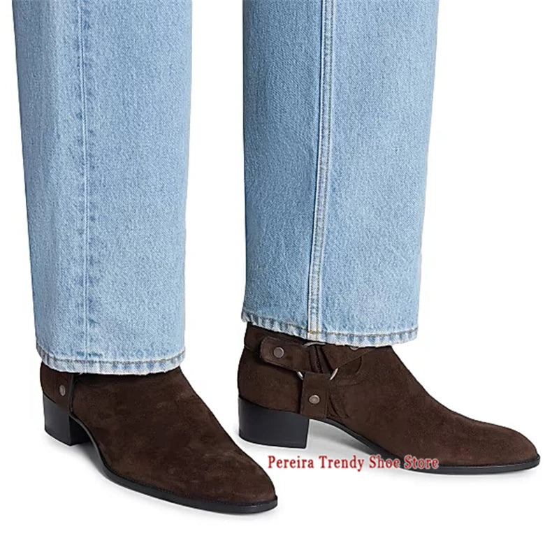 Autumn Winter Retro Chelsea Boots for Men Metal Ring Suede Leather Pointed Toe Short Boots British Style Trendy Men's Shoes