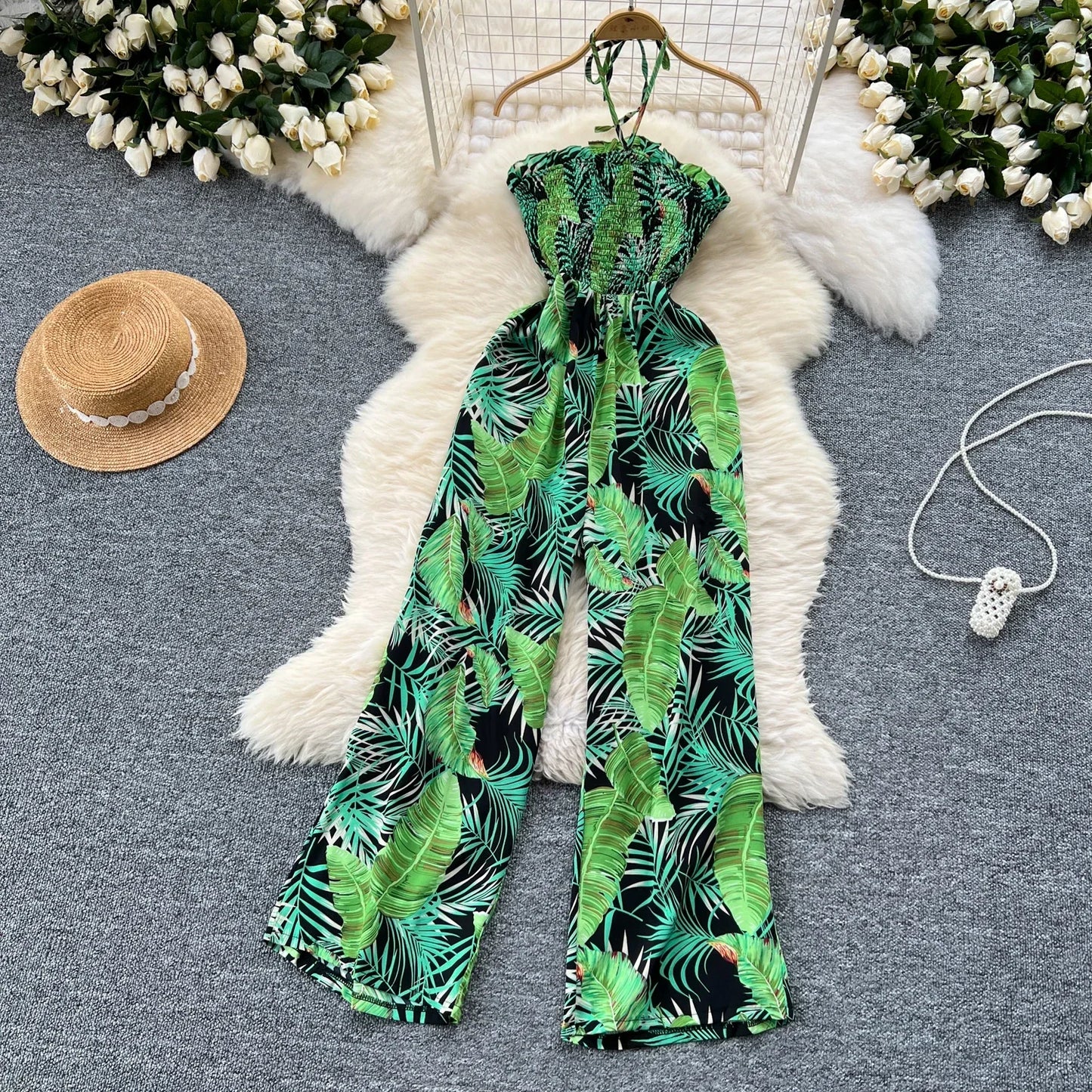 2024 New Summer Sexy Bohemian Leaf Print Jumpsuits Women Sleeveless Sexy Long Jumpsuit Mujer Casual Holiday Beach Rompers