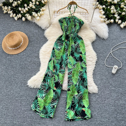 2024 New Summer Sexy Bohemian Leaf Print Jumpsuits Women Sleeveless Sexy Long Jumpsuit Mujer Casual Holiday Beach Rompers
