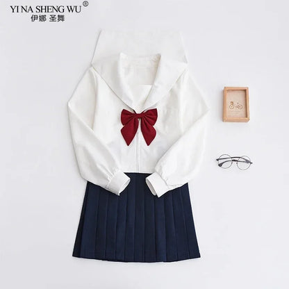 White Japanese Anime High School Girls Student JK Uniforms Cosplay Costume Navy Uniform Pleated Skirt Sailor Suit Korean Style