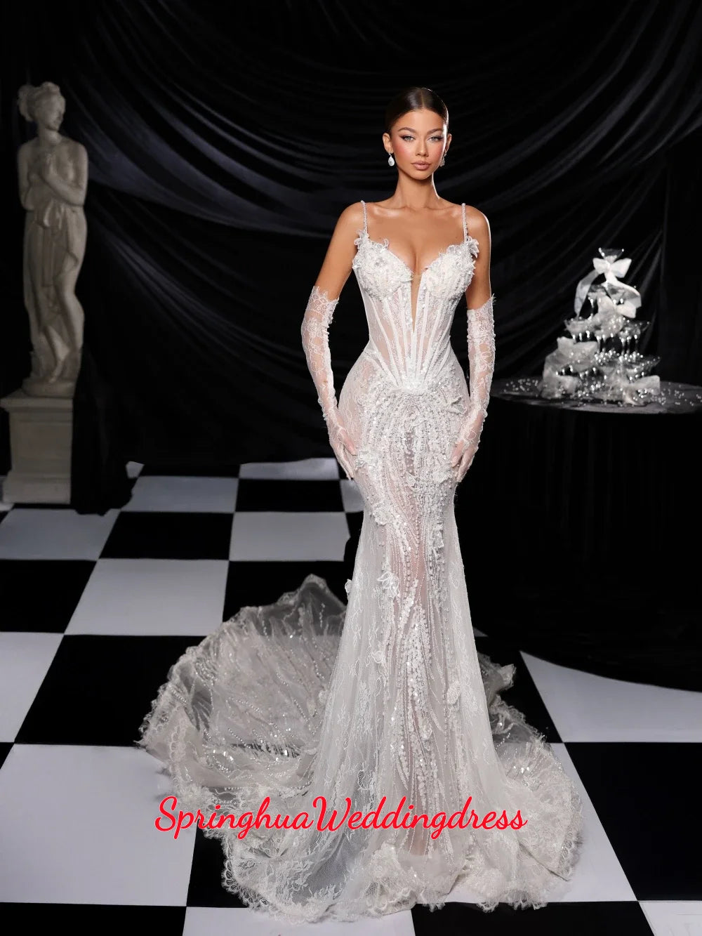 Customized Elegant Illusion Pearls Lace Mermaid Long Wedding Dress Without Gloves Spaghetti Straps Bridal Gown Dresses For Bride