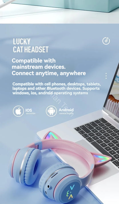 GRB Glow Gaming Headset Gamer Stereo Bass Cat Ear Wireless Earpods Bluetooth Earphones TYPE-C Cable Headphones Blutooth Handfree