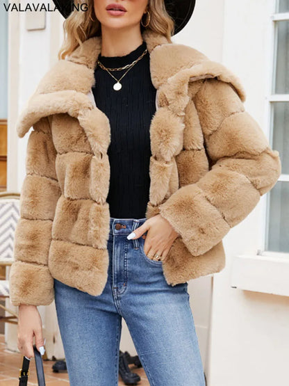 2026 Autumn Winter Turndown Collar Faux Fur Coat Women Casual Long Sleeve Fluffy Plush Jacket Khaki Thick Fake Fur Warm Cardigan