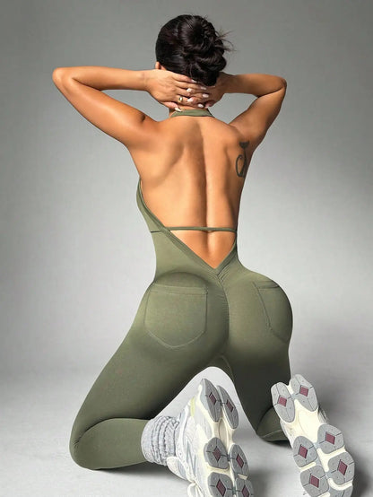 Solid Color High Elasticity Sports Overhead Sleeveless Backless Yoga Compression Leggings