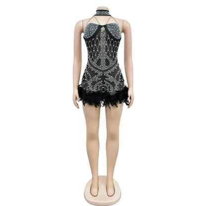 Playsuits Women Sling Sexy One Piece Strapless Feather Bodycon Overalls Short Pants Party Club Rompers Sleeveless Y2k Jumpsuit
