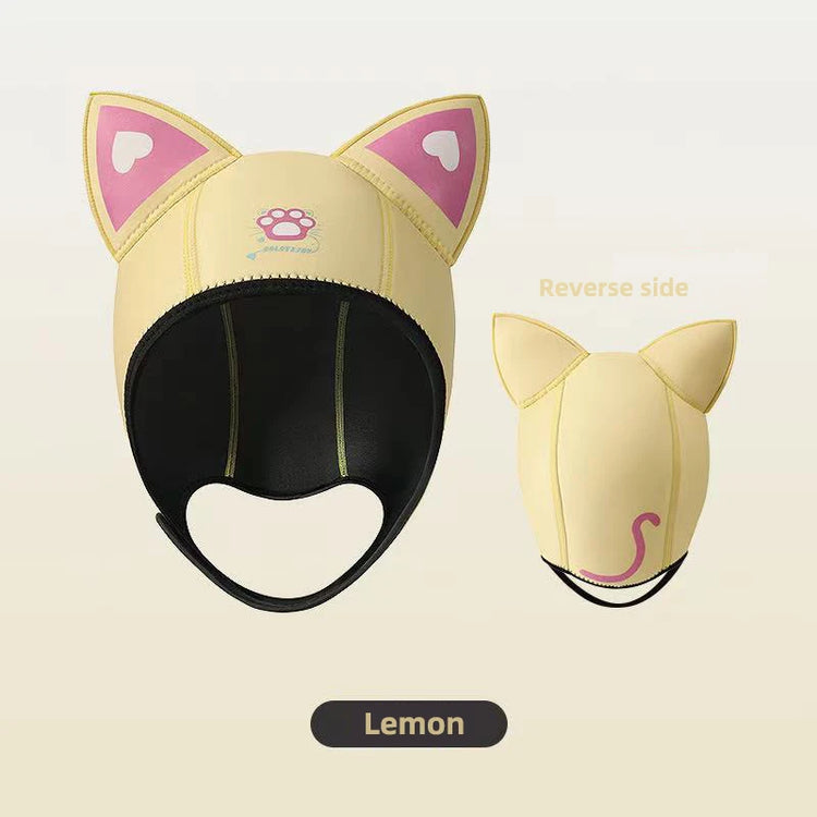 Cool Cute Cat Ears Diving Hood 3mm Neoprene Women Snorkel Scuba Cap w/ Adjustable Chin Strap,Thermal for Surfing & Water Sports