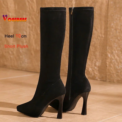 Black Knee High Boots For Women Pointed Toe 10cm High Heel Platform Side Zipper Slim Party Tall Boots Autumn Winter Lady Shoes