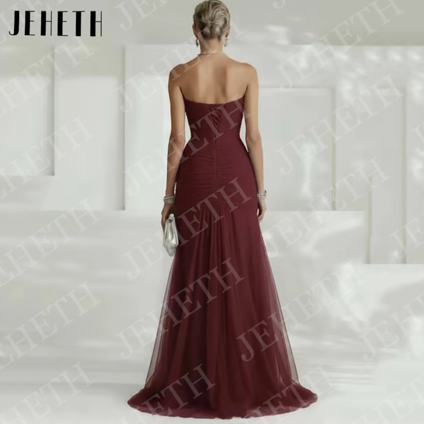 JEHETH Sky Blue Elegant Evening Dresses for Wedding Guest Woman Strapless Tulle Pleated High Slit Engagement Dress Customized