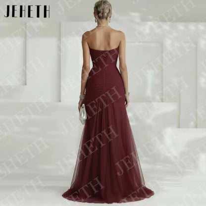 JEHETH Sky Blue Elegant Evening Dresses for Wedding Guest Woman Strapless Tulle Pleated High Slit Engagement Dress Customized