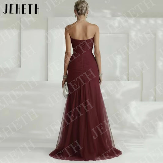 JEHETH Sky Blue Elegant Evening Dresses for Wedding Guest Woman Strapless Tulle Pleated High Slit Engagement Dress Customized